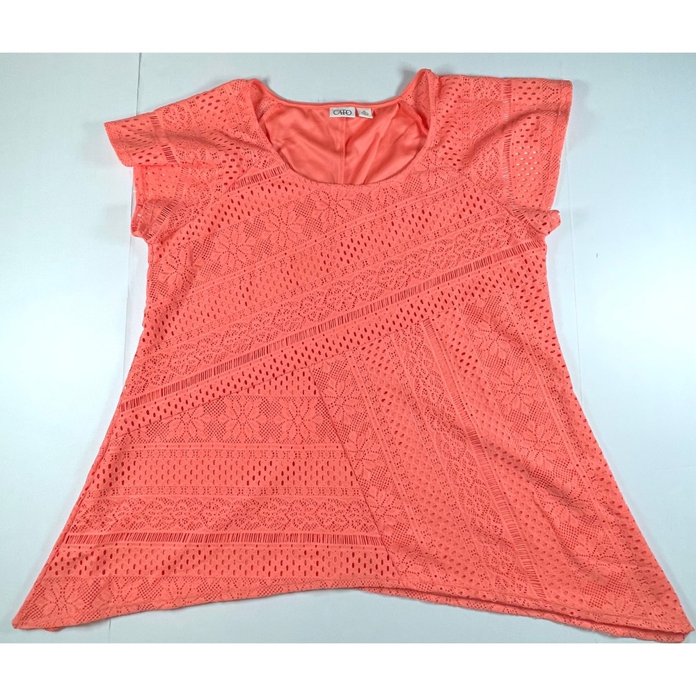 Cato Eyelet Lace Top Women XL Coral Pink Short Sleeve Lined Blouse Cruise